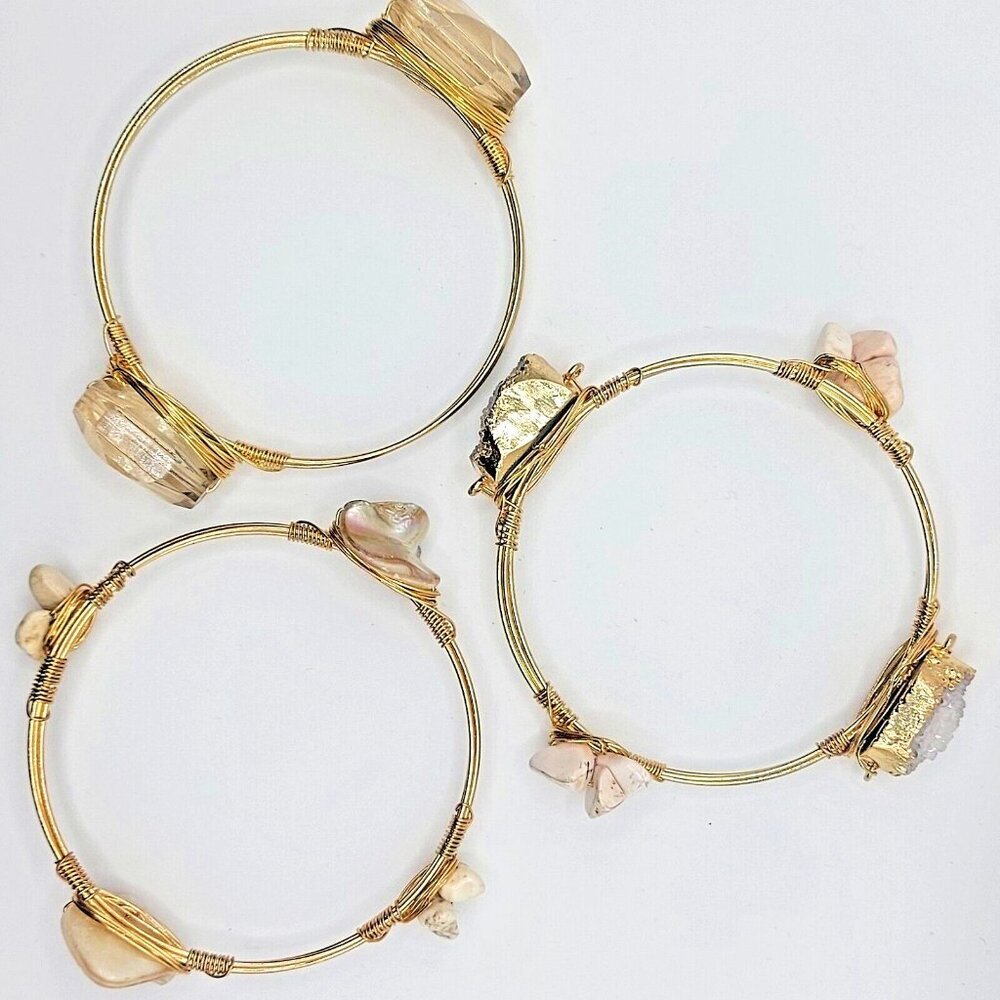 Lot of 3 Bourbon & Bowties Bracelets Gold Tone Wire wrapped bracelets with stone
